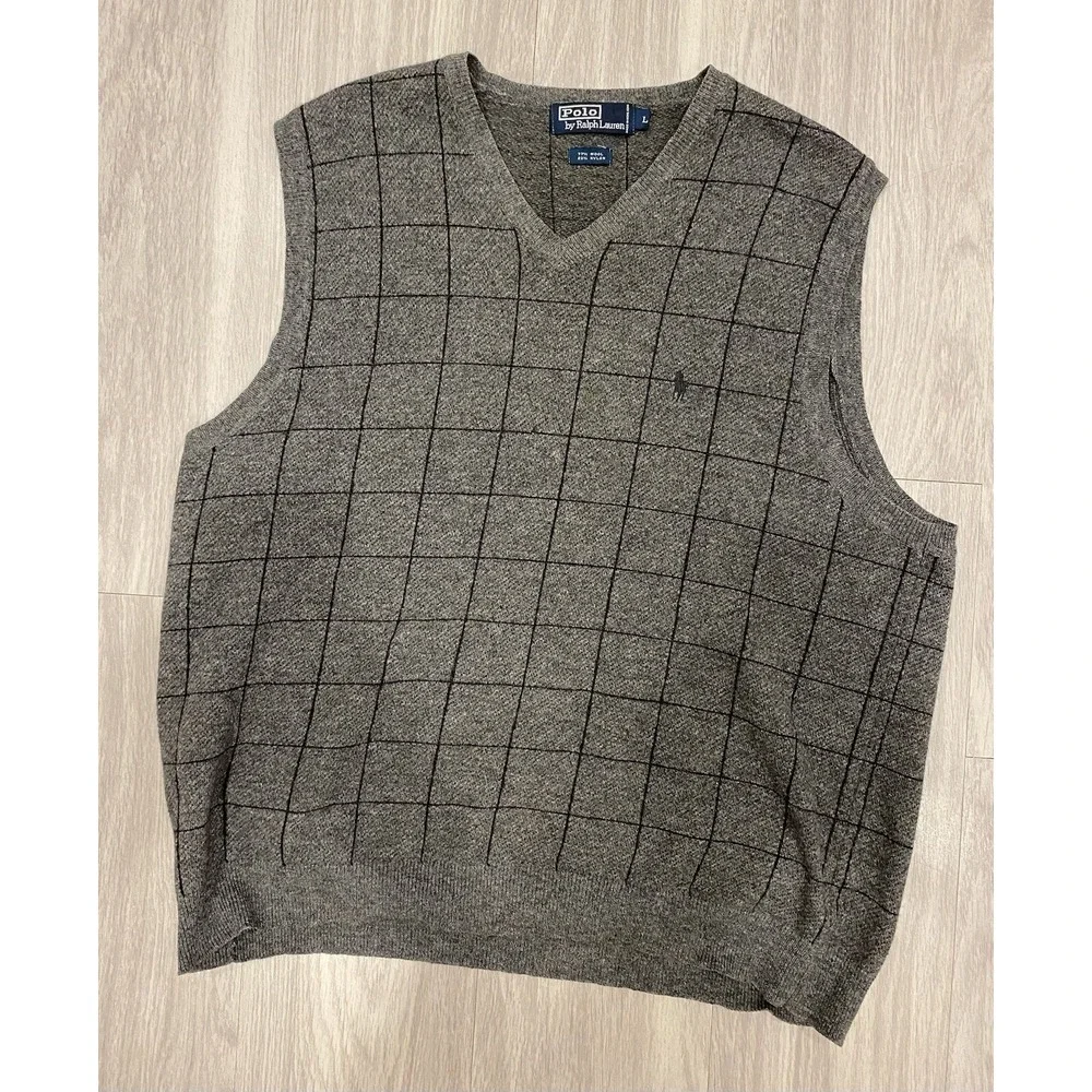 Vintage 90's Polo Ralph Lauren Wool Nylon Sweater Vest L Plaid Large Gray